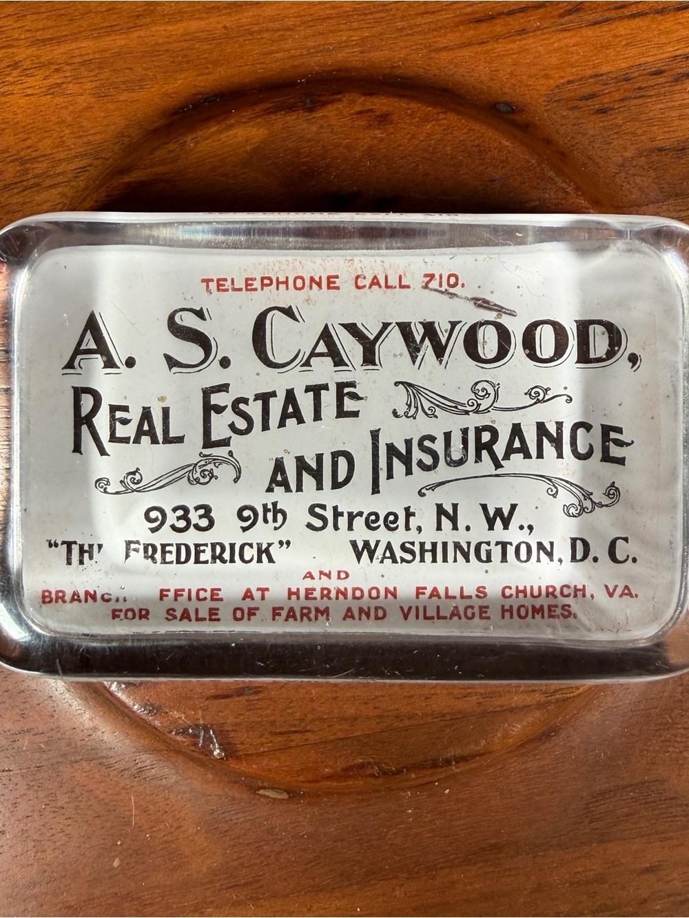 A. S. Caywood Real Estate Advertising Glass Paperweight - White & Black Text